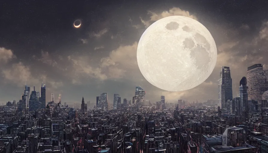 Prompt: giant moon in the sky going to smash the earth, view from new york city, hyperdetailed, artstation, cgsociety, 8 k