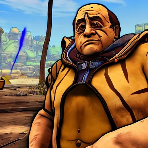 Prompt: Cel Shaded screenshot of Danny Devito in Borderlands 2