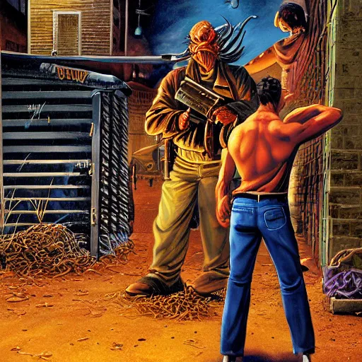 Prompt: a man hides behind a dumpster to reload while the demon in the alley coalesces : high quality high detail painting by david mattingly and larry elmore and richard corben, hd, realistic scene painting, photorealistic lighting, modern supernatural urban horror, street scene