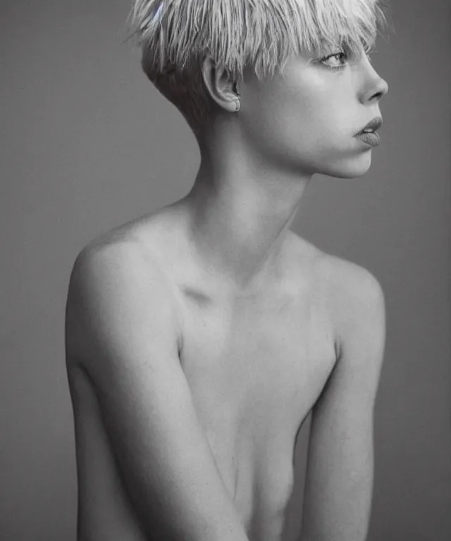 Prompt: a color photograph of edie campbell, bleached blonde short hair, by carrie mae weems, intense, bold, hyperrealistic, ultra sharp, extra details, ultra high quality, trending on pinteresst