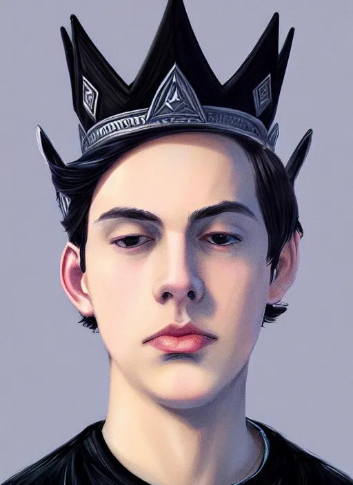 Image similar to portrait of teenage jughead jones wearing a light grey crown, photorealistic, crown, eyes closed, crown, black hair, intricate, elegant, glowing lights, highly detailed, digital painting, artstation, concept art, smooth, sharp focus, illustration, art by wlop, mars ravelo and greg rutkowski