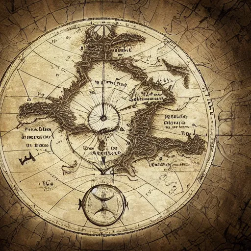 Prompt: old fictional map similar to middle - earth on a table near window with a sunlight pouring through and creating soft shadows surrounded by compass and hourglass and sextant, bokeh, focus on map, artstation, digital art