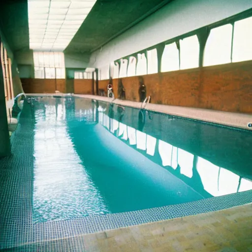 Prompt: an indoor swimming pool filled with people swimming, 35mm film