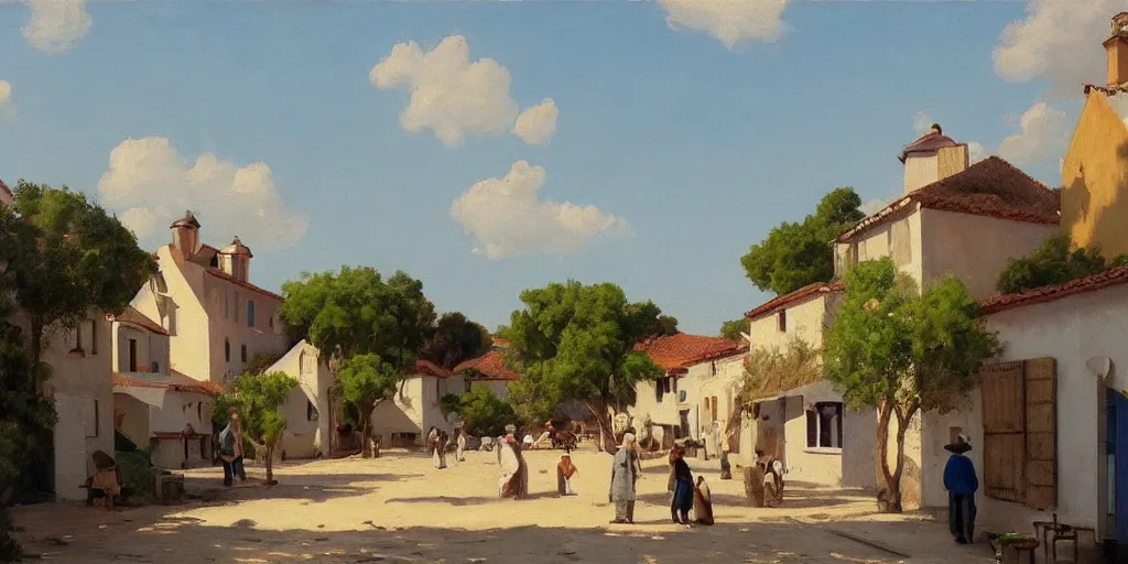 Image similar to a beautiful extremely complex painting of a mediterranean fishing village in summer by peter ilsted, whitewashed housed, tall cypress trees, blue shutters on windows, people walking down a street, trending and featured on artstation and behance