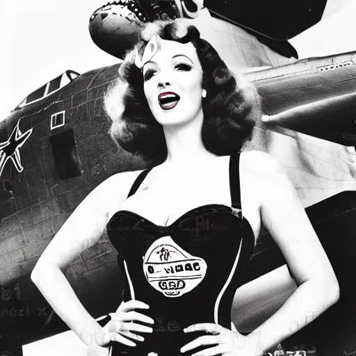 Prompt: B-25 bomber with pinup art of Christina Hendricks wearing a 1940s swimsuit. Medium format, high quality film stock. 120 film. airplane nose art