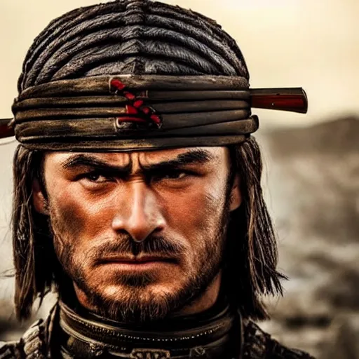 Image similar to handsome and strong kurdish!!!! samurai in a movie directed by christopher nolan, movie still frame, promotional image, imax 7 0 mm footage, perfect symmetrical facial features