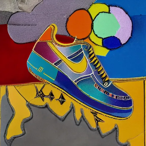 Image similar to an air force one shoe made of different materials, precious gem stones and metals and paper and smoke and rust and lava and rainbow, accurate, hyperdetailed, intricate detail, insanely detailed and intricate, in the style of Henri Matisse, edge to edge, solid color background intricate, highly detailed, smooth, sharp focus, detailed, high contrast