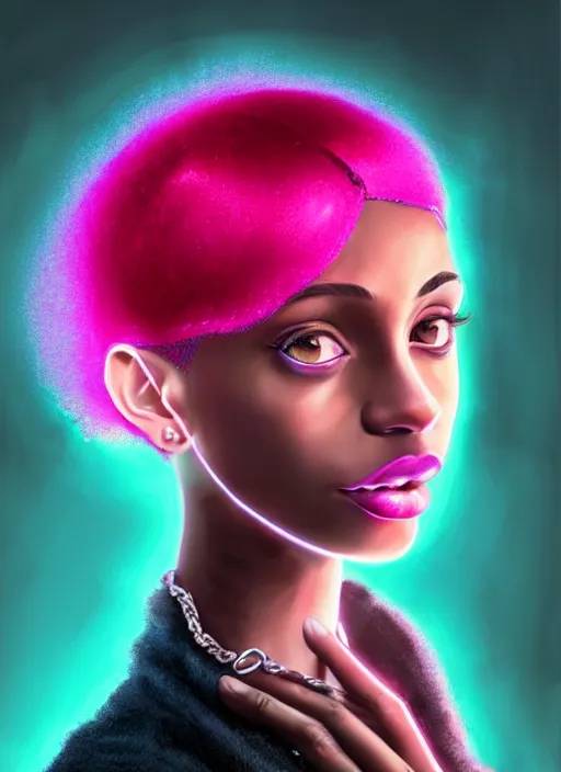 Image similar to portrait of teenage vanessa morgan with bright pink hair, black girl, vanessa morgan, curly pixie cut hair, wearing newsboy cap, newsboy cap, hoop earrings, intricate, elegant, glowing lights, highly detailed, digital painting, artstation, concept art, smooth, sharp focus, illustration, art by wlop, mars ravelo and greg rutkowski