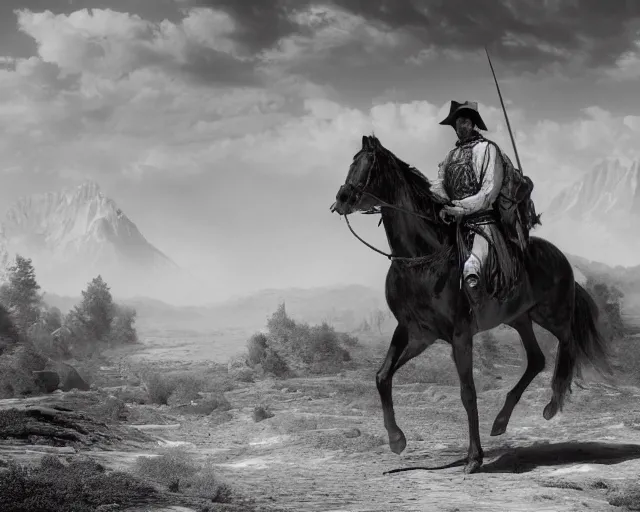 Image similar to a black and white photo of a man on a horse, an ambient occlusion render by frederic remington, cgsociety contest winner, fantasy art, matte drawing, vray, matte painting