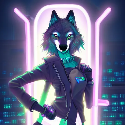 Image similar to beautiful furry digital art portrait commission of an androgynous furry anthro wolf fursona wearing punk clothes in the streets of a cyberpunk city. neon signs. character design by charlie bowater, ross tran, artgerm, and makoto shinkai, detailed, inked