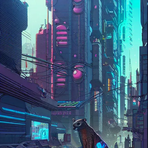 Prompt: A cyberpunk otter cyborg on the street of a cyberpunk city art by Josan Gonzalez, sci-fi, highly detailed, digital painting, artstation, smooth, sharp focus, illustration, concept art by Josan Gonzalez and James Gurney and Mœbius