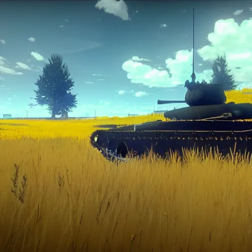 Prompt: russian tank boss fight from nier : automata in yellow rye field under pure blue skies