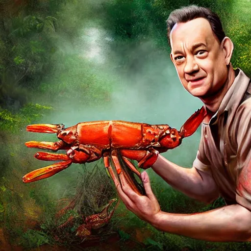 Image similar to Tom Hanks as forrest holding a giant shrimp on a stick over a campfire in the jungle, realistic digital painting, in the style of Aleksi Briclot, photoreailstic, realistic face, amazing detail, sharp