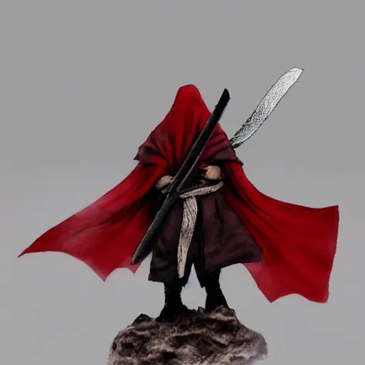 Image similar to samarai cloaked in white with swords, standing in light beam of a dark cave, ruby red sorrow, high quality, ultra detail