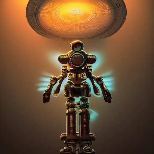 Prompt: ultradetailed ornate retro-future illustration of a robot radiating glowing aura, digital airbrush painting, 3d rim light, hyperrealistic masterpiece, artstation, cgsociety, golden ratio