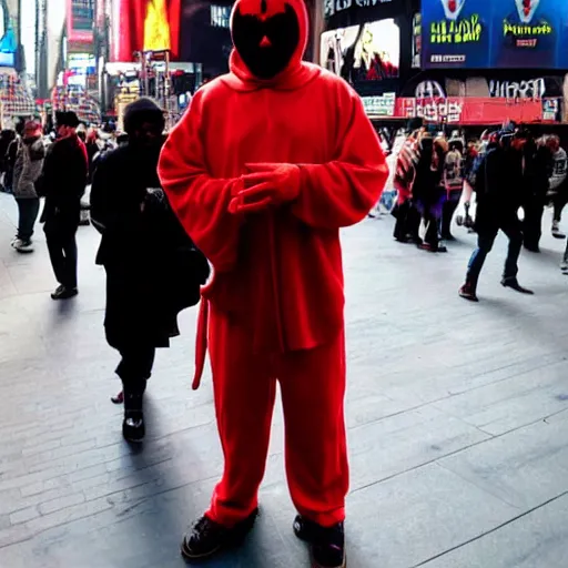 Prompt: ghostface from the scream movie franchise walking in times square