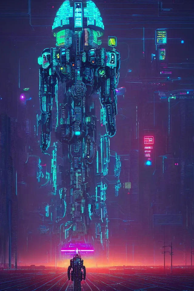Prompt: cyberpunk mechatower made out of billions of stacked computer screens by simon stalenhag and dan mumford, omnipresent ai god, mass effect fantasy, cinematic lighting