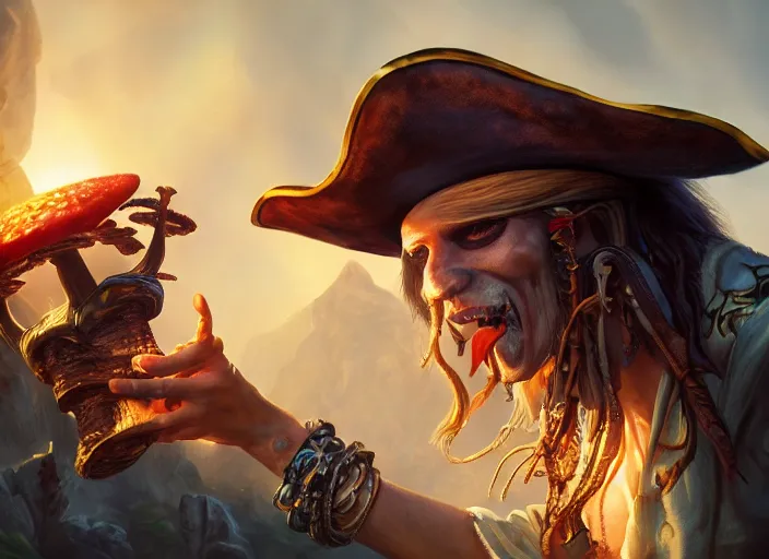 Image similar to a cool looking pirate eating magic mushroom, golden hour, fantasy, sharp focus, digital art, hyper realistic, 4 k, unreal engine, highly detailed, hd, dramatic lighting by brom, trending on artstation