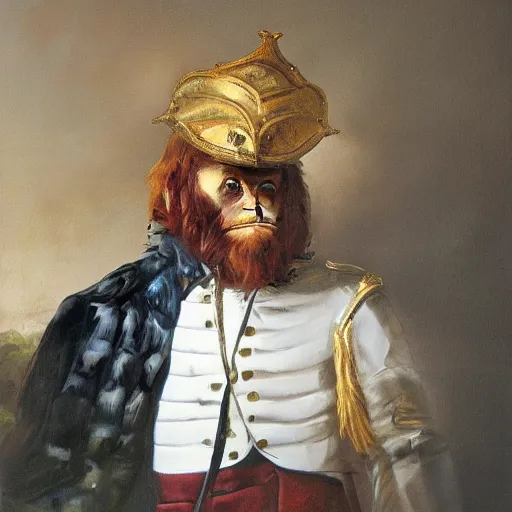 Prompt: An exquisite oil painting of a orangutan dressed like a bearded Napoleon with full military regalia