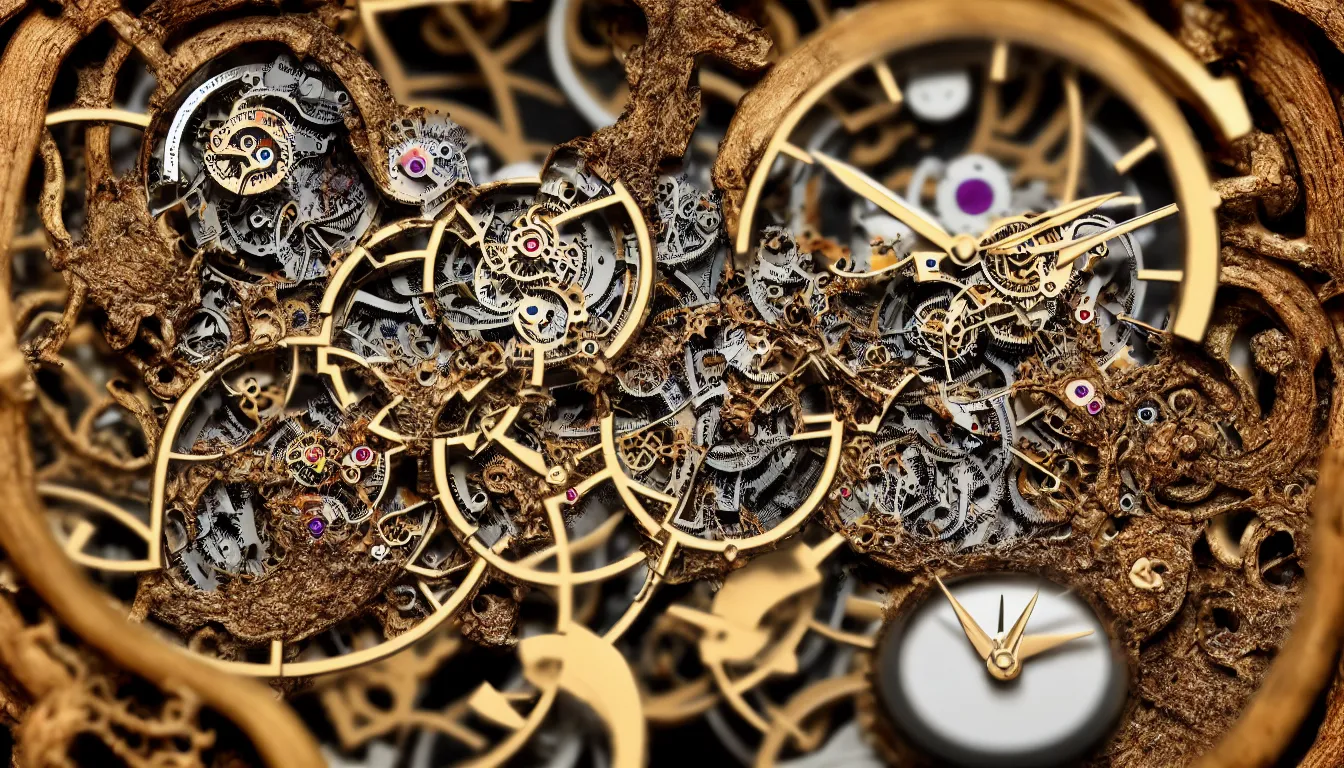 Image similar to detailed view from inside a clockwork watch, entangled roots covered in mushrooms, biomechanics, cracked earth, living spore microorganisms, decaying, rusty, hyper realistic photo, full colour, upscale, 8 k