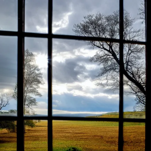 Prompt: a cinematic landscape view looking out a window into an open field with a small creek, wind blows the leaves, and the sun shines through the parted clouds