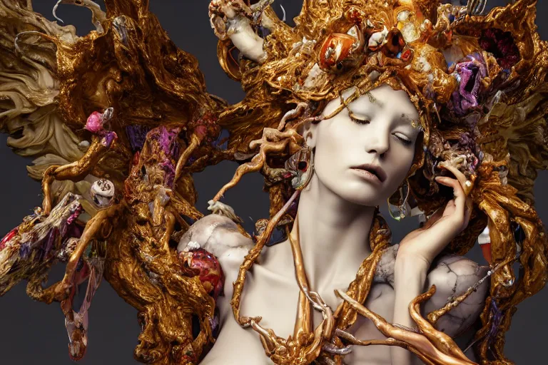 Image similar to Cinestill of A heartbreaking realistic 8k Bernini Sculpture of a stunning intricate cracked multicolored milky cosmic marble Evangelion Fallen Angel Devil Queen adorned in sentient mycelium mystical jewelry and ancient Empress crown and misty xparticles. by Yoshitaka Amano, Daytoner, Greg Tocchini, Scattered golden flakes, Hyperrealism. Subsurface scattering. Octane Render. Weirdcore, perfect face