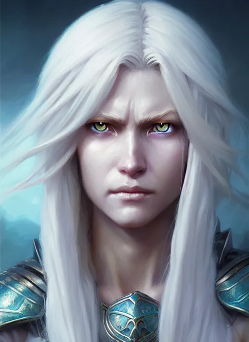 Image similar to a fantasy style portrait painting of shy white female paladin with blonde hair and blue eyes shy, scar under left eye, holy oil painting unreal 5 daz. rpg portrait extremely detailed artgerm greg rutkowski _ greg