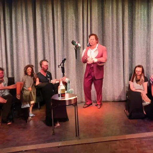 Prompt: albano drunk on a stage, bottle, journalist photo