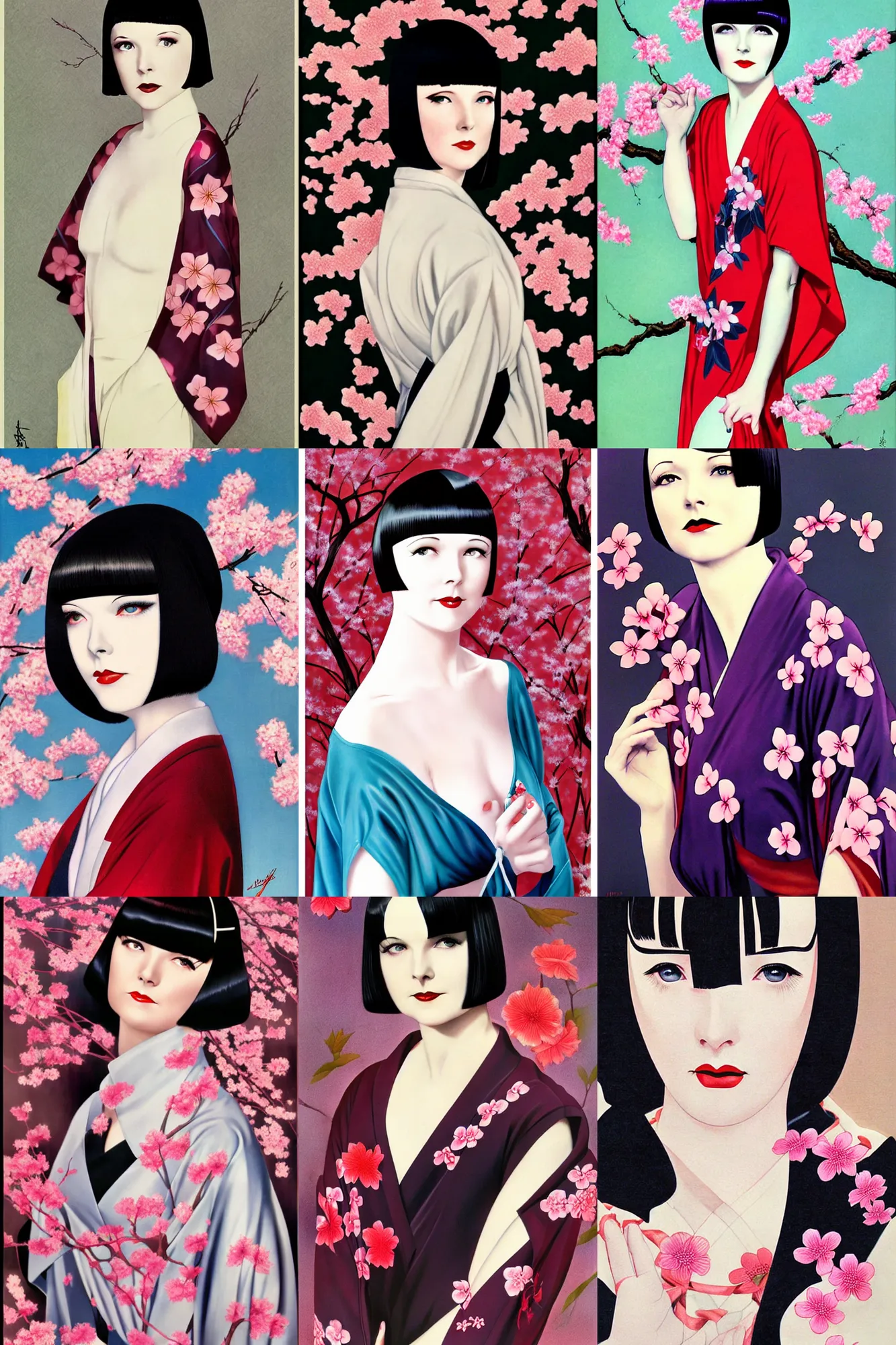 Prompt: 2 8 year old mary louise brooks, wearing kimono, atomic age, by artgerm, cherry blossom falling