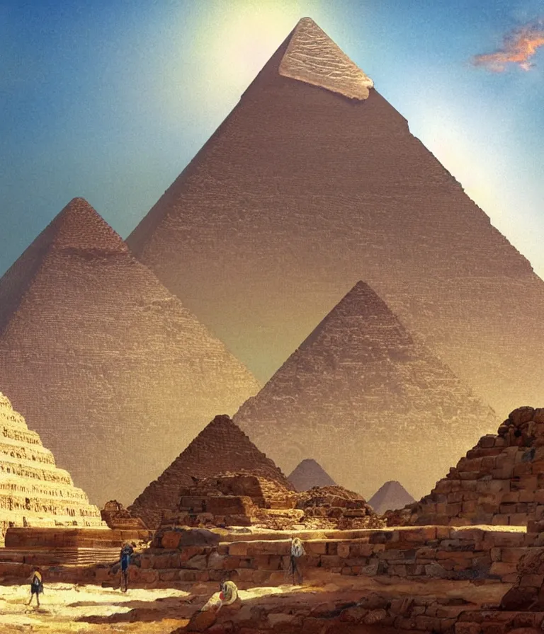 Image similar to great pyramid of giza in perfect condition, gleaming white, golden tip, concept art, stylized, intricate detail, smooth, sharp focus, colourful, art by artgerm and greg rutkowski and alphonse mucha,