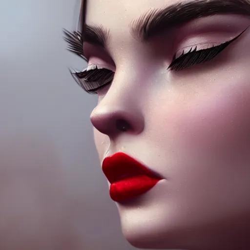 Prompt: a woman with big eyelashes and red lipstick, realistic, 8 k, extremely detailed, cgi, trending on artstation, hyper - realistic render, by greg rutkowski