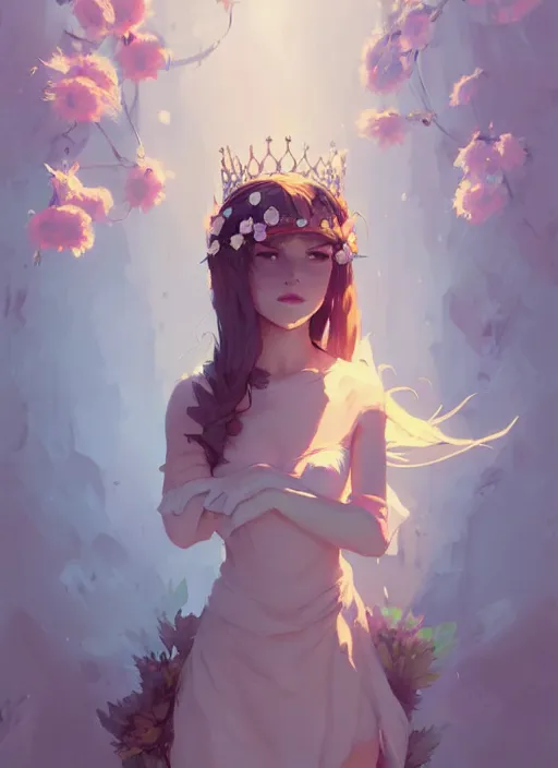 Prompt: portrait of cute fairy girl with crown of flowers fantasy, by atey ghailan, by greg rutkowski, by greg tocchini, by james gilleard, by joe gb fenton, by kaethe butcher, dynamic lighting, gradient light blue, brown, blonde cream and white color in scheme, grunge aesthetic