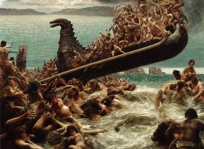 Image similar to godzilla attacking the raft of the medusa, painting by lawrance alma - tadema, 4 k, hyper - realistic, highly detailed