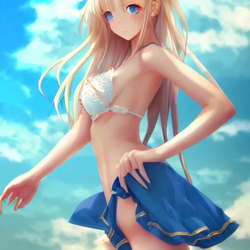 Image similar to a very beautiful anime cute girl, full body, long wavy blond hair, sky blue eyes, full round face, short smile, bikini, miniskirt, front view, medium shot, mid-shot, highly detailed, cinematic wallpaper by Stanley Artgerm Lau