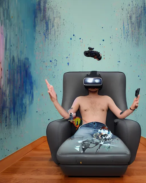 Prompt: a man reclines in a gaming computer chair weargin a vr headset and headphones holding a game controller, in a domestic interior filled with screens by james jean and luc tuymans and beeple and hernan bas and pat steir and hilma af klint, psychological, 3 d, dripping paint, high quality render, masterpiece
