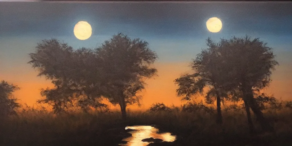 Prompt: landscape by moonlight in the land of darkness oil paint on canvas