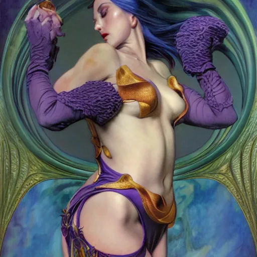 Image similar to Morrigan from Darkstalkers drawn by Donato Giancola and Tom Bagshaw, face by Artgerm, overall design by Alphonse Mucha, background by James Jean and Gustav Klimt, light by Julie Bell, 4k, porcelain skin, komorebi, french nouveau, trending on artstation, octane render, hyperrealistic