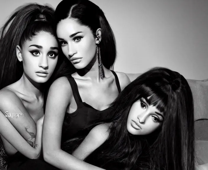 Prompt: award winning photo of Ariana Grande together with Megan Fox sitting on a chesterfield lounge, symmetrical face, wide shot by Sally Mann & Arnold Newman,