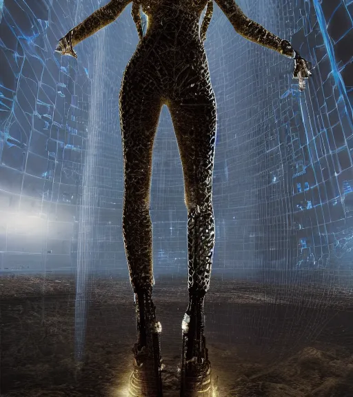 Image similar to cyber tarkovsky greatest scene, the ancient destroyed majestic tower of babylon, woman in futuristic cyber clothing, transparent puffer jacket, hyper realistic, blockchain, cyber world, ambient lighting, concept art, intricate, hyper detailed, smooth, dynamic volumetric lighting, octane, ray trace, cinematic, high quality, high resolution, 4 k, cgsociety