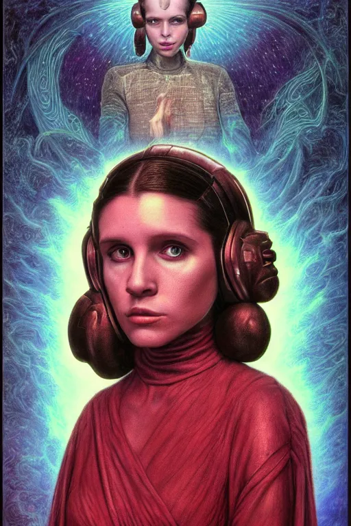 Image similar to highly detailed portrait of young princess leia organa by alex grey, patrick woodroffe, mark ryden created by gustave dore and greg rutkowski, high detailed, smooth draw, synthwave neon retro, intricate, realistic proportions, dramatic lighting, trending on artstation