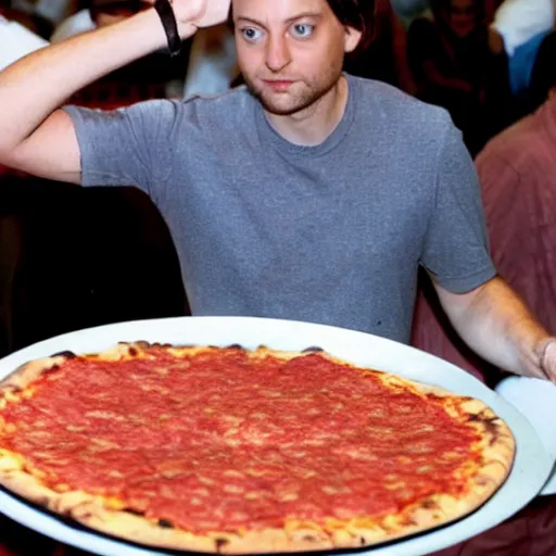 Image similar to tobey maguire eating the biggest pizza in the world