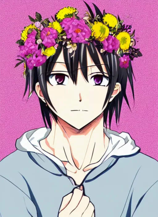 Prompt: A illustrative illustration of the perfect anime husband with a flower crown of fantasies