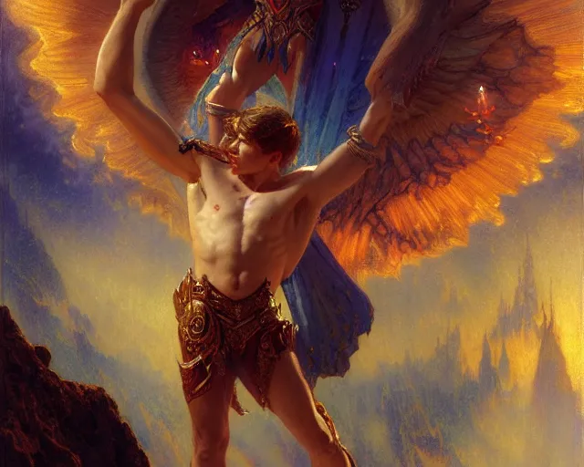 Image similar to attractive male deity, casting demonic magic, summoning handsome lucifer morning star. highly detailed painting by gaston bussiere, craig mullins, j. c. leyendecker 8 k