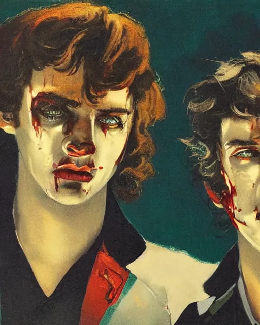 Prompt: two handsome but sinister young men wearing gucci in layers of fear, with haunted eyes and wild hair, 1 9 7 0 s, seventies, wallpaper, a little blood, moonlight showing injuries, painterly, offset printing technique, by brom, robert henri, walter popp