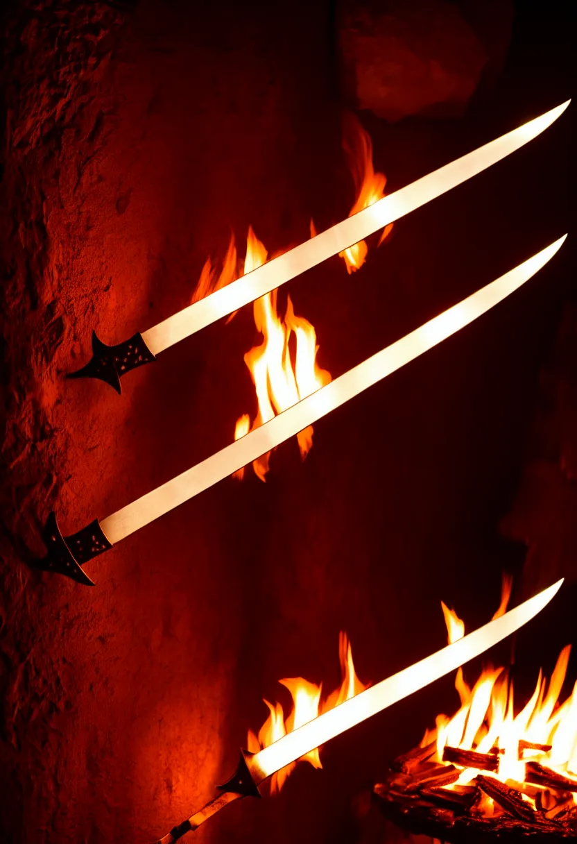 Prompt: photo of a magical fantasy longsword displayed on a wall glowing with hot fire power and giving off a subtle black smoke.