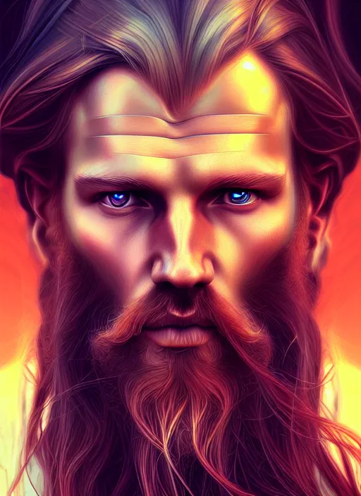 Image similar to overlord, psychedelic flowing hair, viking, portrait, highly detailed, deep focus, elegant, digital painting, smooth, sharp focus, illustration, ultra realistic, 8 k, art by wlop