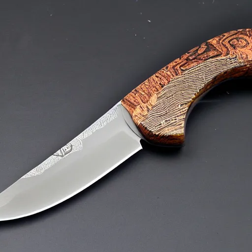 Image similar to mosaic damascus bowie knife detailed blackwood handle wide angle photograph