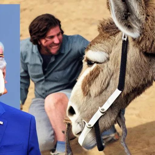 Image similar to biden riding a donkey, photorealistic, ultra detail