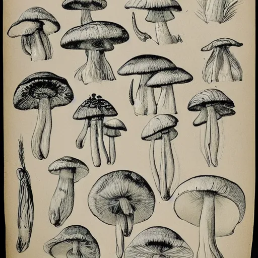 Prompt: 1 9 0 0's flora sketches of wild mushrooms