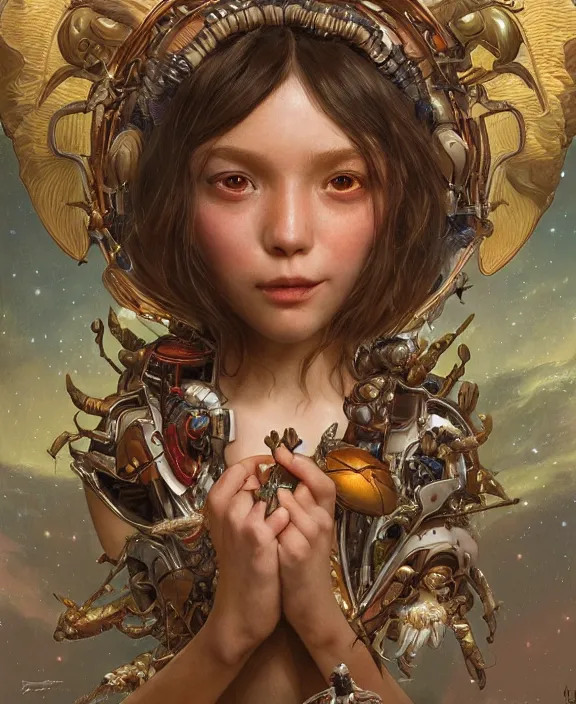 Image similar to portrait of a adorable childlike insect alien monster, milky way environment, ultra realistic, concept art, intricate details, cheerful, highly detailed, photorealistic, octane render, 8 k, unreal engine. art by artgerm and greg rutkowski and alphonse mucha